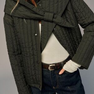 NEW! RARE Zara Quilted Jacket Coat Tops Shirt with Detachable Scarf Deep Green L